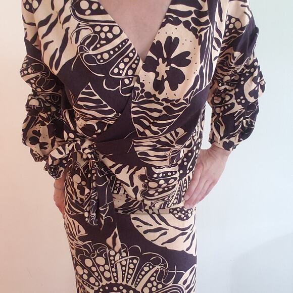 ZARA Printed Linen Blend Wrap Top & Maxi Skirt Ruffles Brown & Cream Size XS - Picture 6 of 11